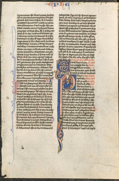 Blatt aus einer lateinischen Bibel: Initiale P mit St. Paulus, der ein Schwert hält (St. Paulus