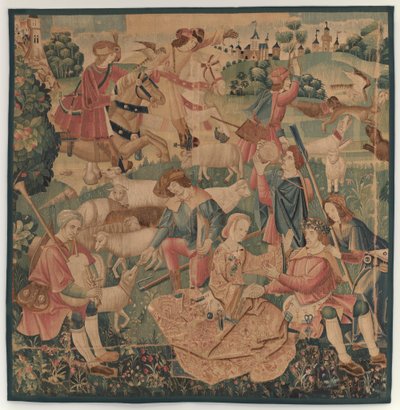 Jagdszenen und pastorale Szenen mit einem bekränzten Helden zwischen Damen von design probably French 16th Century, Paris; woven in southern Netherlands or Paris in an undetermine workshop