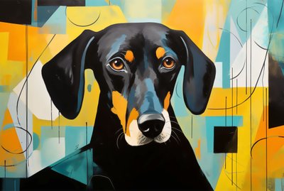 Ein Hund liegt auf dem Boden, bunte Abstraktion, Wandkunst | Leinwanddrucke von F. Abderrahim