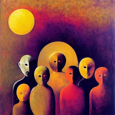 Abstrakte Menge mit ausdrucksstarken Gesichtern, figurative Surrealismuskunst von F. Abderrahim