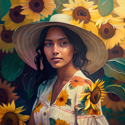 Abstraktes schönes mexikanisches Mädchenporträt mit Sonnenblumen von F. Abderrahim