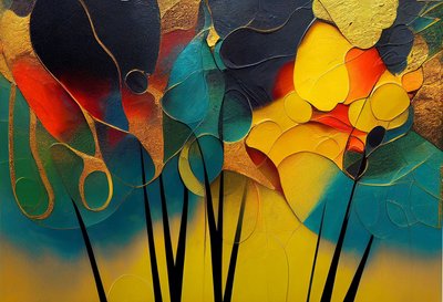 Mysteriöser Wald: Abstrakte Bäume in warmen Farben, Wandkunst | Leinwanddrucke von F. Abderrahim