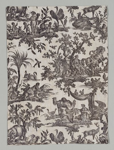 Fragment eines Kupferplatten bedruckten Baumwollstoffs mit "Les quatres parties du monde" Design von firm of Christophe Philippe Oberkampf
