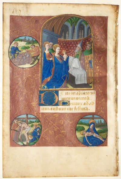 Blatt aus einem Stundenbuch: Darstellung im Tempel mit Rundbildern des Loswerfens, der Kreuzabnahme und Pietà (Non, Marienoffizium) von follower of Master of Adélaïde de Savoie