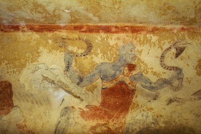 Blauer Dämon mit Schlangen, Fresko, Grab der Blauen Dämonen, Nekropole von Tarquinia (UNESCO-Welterbeliste, 2004), Latium, Italien. Etruskische Zivilisation, 5. Jahrhundert v. Chr. (Foto) von Theodore Charles Ange Coquelin