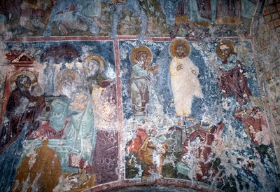 Christus und Heilige, Fresko in der byzantinischen Kirche Sotiras Christos, Vlithias, Kreta, Griechenland (Foto) von Theodore Charles Ange Coquelin