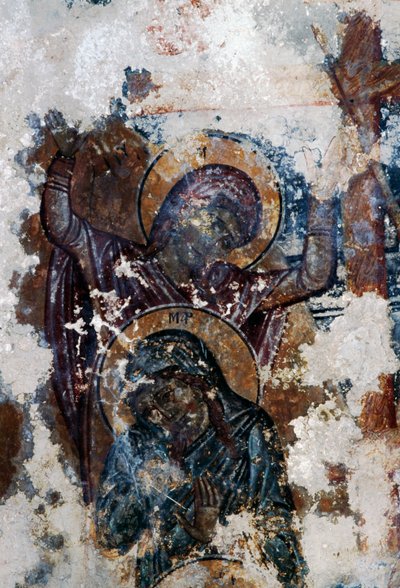Heilige, beschädigtes Fresko in der byzantinischen Kirche Agios Constantinos und Agia Eleni, Voukolies, Kreta, Griechenland (Foto) von Theodore Charles Ange Coquelin