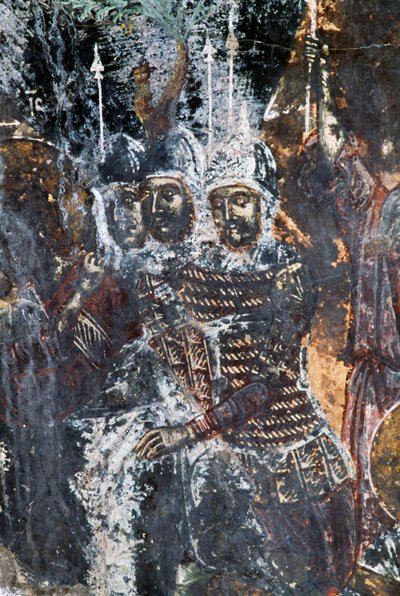 Soldat, beschädigtes Fresko an der Decke der Kirche von Agios Vasileios, Vavouledo, Kreta, Griechenland (Foto) von Theodore Charles Ange Coquelin