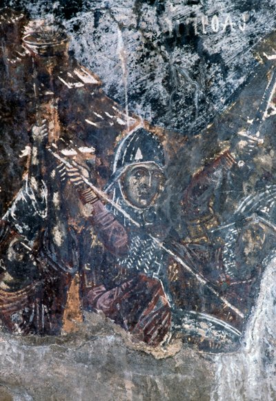 Soldat, beschädigtes Fresko an der Decke der Kirche von Agios Vasileios, Vavouledo, Kreta, Griechenland (Foto) von Theodore Charles Ange Coquelin