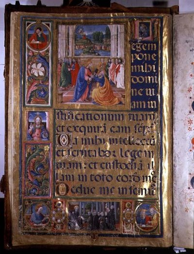Ms 542 f.3v Seite, die Christus zeigt, wie er Petrus die Schlüssel übergibt, aus einem Psalter, geschrieben von Don Appiano aus der Kirche der Badia Fiorentina, Florenz von or di Giovanni Monte del Fora