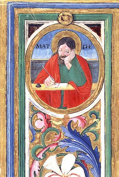 Ms 542 f.3v St. Matthäus schreibt das erste Evangelium aus einem Psalter, geschrieben von Don Appiano aus der Kirche der Badia Fiorentina, Florenz von or di Giovanni Monte del Fora