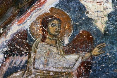Engel, Fresko in der byzantinischen Kirche Agios Georgios Sfakiotis, Diavaide, Kreta, Griechenland von Unbekannt Unbekannt