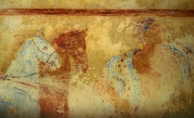 Begräbnisprozession mit Pferden und männlichen Figuren, Fresko, Detail, Grab der Blauen Dämonen, Nekropole von Tarquinia (UNESCO-Welterbeliste, 2004), Latium, Italien. Etruskische Zivilisation, 5. Jahrhundert v. Chr. von Unbekannt Unbekannt