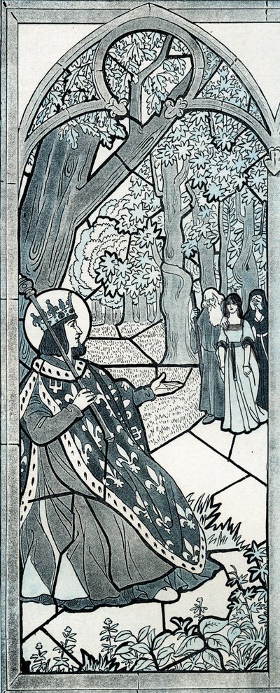Irgendjemand, der hier weggegangen ist? Worte von Ludwig IX. genannt Sankt Ludwig (1214-1270), der am Fuß einer Eiche Gerechtigkeit übte, um die Bevölkerung zu ermutigen, ihre Beschwerden vorzubringen. Illustration von Job (Jacques Marie Gaston Onfray und  von pseudonym for Onfray de Breville Jacques Job