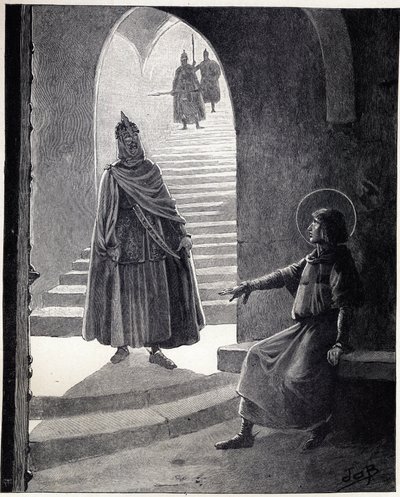 Sei ein Christ, ich werde dich zum Ritter machen - die Worte von Ludwig IX., genannt Saint Louis (1214-1270), zu einem Häuptling, der das Gefängnis betrat, um sich zum Ritter zu machen. Illustration von Job (Jacques Marie Gaston Onfray und Breville) von pseudonym for Onfray de Breville Jacques Job