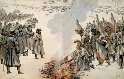Russlandfeldzug (1812): Während des Rückzugs aus Russland befiehlt Napoleon I. Bonaparte (1769-1821), Fahnen und Adler zu verbrennen, um zu verhindern, dass der Feind sie erobert. In „Napoleon“ von Georges Montorgueil. Illustration von Jacques Marie Gaston von pseudonym for Onfray de Breville Jacques Job
