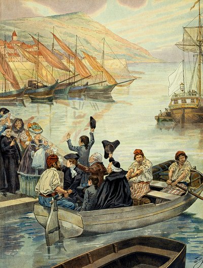 Abfahrt von Ajaccio auf Korsika am 15. Dezember 1778; Charles Bonaparte (1746-1785) segelte mit seinen Söhnen Joseph Bonaparte (1768-1844) und Napoleon I. Bonaparte (1769-1821) und seinem Schwager Joseph Fesch (1763-1839) nach Marseille, um nach Versailles von pseudonym for Onfray de Breville Jacques Job