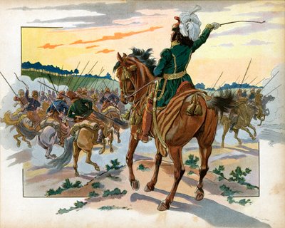 Während des Russlandfeldzugs rückte Joachim Murat (1767-1815) allein gegen die Kosaken vor und stellte sie allein durch seine Anwesenheit zurück. Gravur von Jacques Marie Gaston Onfray de Breville dit Job (1858-1931) von pseudonym for Onfray de Breville Jacques Job