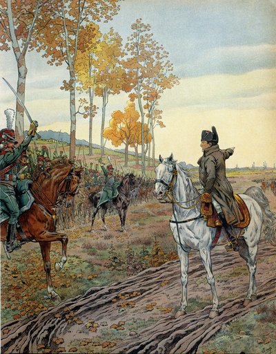 Kaiser Napoleon I. Bonaparte (1769-1821) sprach das zweite Regiment der berittenen Jäger im Jahr 1806 während des Feldzugs in Preußen (Deutschland) vor der Schlacht von Jena am 14. Oktober 1806 an. In „Napoleon“ von Georges Montorgueil. Illustration von Ja von pseudonym for Onfray de Breville Jacques Job
