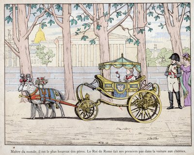 Kaiser Napoleon I. Bonaparte mit seinem Sohn Prinz Napoleon Franz Karl Joseph Bonaparte, der König von Rom Napoleon II. wurde, später auch Aiglon genannt - Napoleon beobachtet den König von Italien (Napoleon II.) bei seinen ersten Schritten in einem Ka von pseudonym for Onfray de Breville Jacques Job
