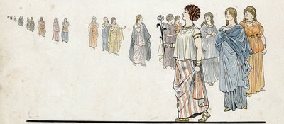 Frauen der „freien Bürger“ tragen ihre Kleider auf der Schulter befestigt und schwere Schmuckstücke an den Armen. In „Frankreich, seine Geschichte erzählt von G. Montorgueil, illustriert von Job“ 1896. Private Sammlung von pseudonym for Onfray de Breville Jacques Job