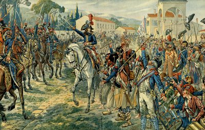 Erster Italienfeldzug (1796-1797): Napoleon I. Bonaparte inspiziert die Armee von Italien in Nizza am 27. März 1796. Illustration von Jacques Marie Gaston Onfray de Breville, genannt JOB von pseudonym for Onfray de Breville Jacques Job