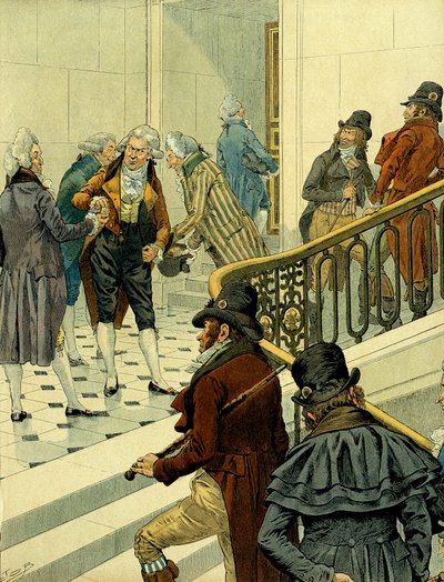 Erstes Kaiserreich von Napoleon I. Bonaparte (1769-1821): Begegnung auf der Treppe der Tuilerien zwischen zurückkehrenden Emigranten und ehemaligen Revolutionären (Illustration) von pseudonym for Onfray de Breville Jacques Job