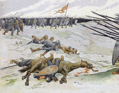 Französisch-Englischer Krieg (1202-1214): Gefallene Soldaten in der Schlacht von Bouvines am 27.07.1214, die die französische Armee von Philippe Auguste gegen die Flamen und Welfen von Othon IV. stellte. In „Frankreich, seine Geschichte erzählt von G. Mont von pseudonym for Onfray de Breville Jacques Job