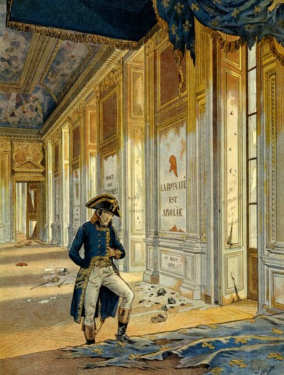 Französische Revolution von 1789: Napoleon I. Bonaparte (1769-1821) im Thronsaal des Tuilerienpalastes nach dem Durchzug der Revolutionäre, die den Ort verwüsteten (Illustration) von pseudonym for Onfray de Breville Jacques Job
