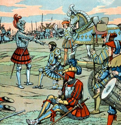 Der französische König Franz I. wird nach der Schlacht von Marignano am 14. September von Bayard zum Ritter geschlagen von pseudonym for Onfray de Breville Jacques Job