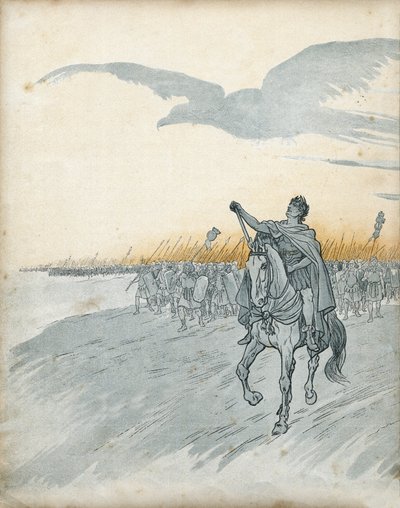 Gallischer Krieg: Gaius Julius Caesar (100-44 v. Chr.) und seine Armee dringen in Gallien ein. Der Schatten eines Adlers, Symbol des Römischen Reiches, erscheint am Himmel. In „Frankreich, seine Geschichte erzählt von G. Montorgueil, illustriert von Job“ 1 von pseudonym for Onfray de Breville Jacques Job