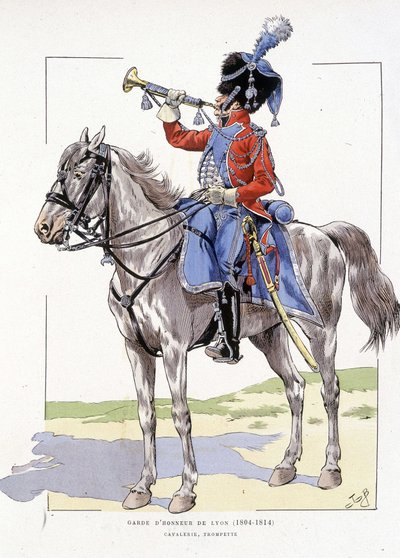 Ehrenwache von Lyon von 1804 bis 1814, Trompeter zu Pferd - in „Hue des troupes de France“, ill. von Job von pseudonym for Onfray de Breville Jacques Job