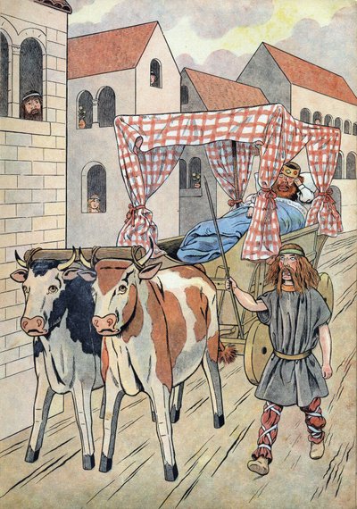Geschichte Frankreichs. Szene, die faule Könige in Spielzeugen darstellt: König von Frankreich Thierry III. (673-691) fährt in einem Wagen mit einem Bett, das von Ochsen gezogen wird. In „Joujoux à l
