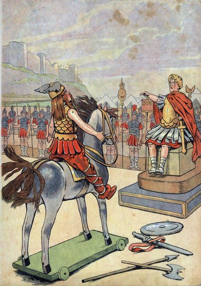 Geschichte Frankreichs. Szene des römischen Galliens mit Spielzeug: Gallischer Anführer Vercingetorix (72-46 v. Chr.) geht nach der Schlacht von Alesia im Jahr 52 v. Chr. zum römischen Anführer Julius Caesar (100-44 v. Chr.). In 