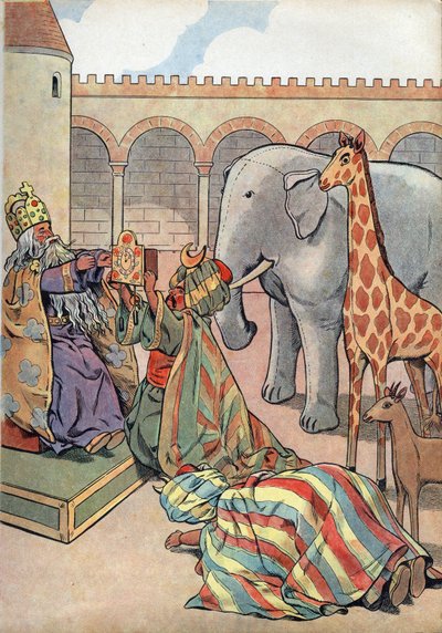 Geschichte Frankreichs. Szene aus dem Leben Karls des Großen in Spielzeug: Kalif Harun al-Raschid schenkt dem König von Frankreich Karl dem Großen (742-814) eine Giraffe, einen Elefanten und eine Uhr. In „Joujoux à l
