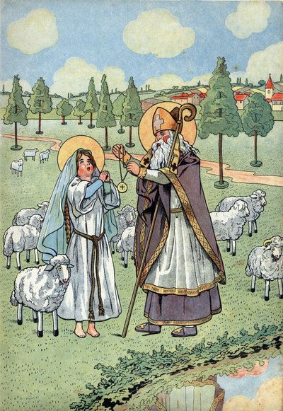 Geschichte Frankreichs. Szene aus dem Leben der Heiligen Genoveva mit Spielzeug: Der Bischof Saint Germain d