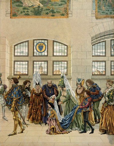Geschichte Frankreichs im Mittelalter: Margarete, Erzherzogin von Österreich (1480-1530), Tochter von Maximilian von Habsburg, die kleine Verlobte des Dauphins, trat in den Hof von Frankreich ein, um dem Dauphin (der König von Frankreich wurde) zu begegnen von pseudonym for Onfray de Breville Jacques Job