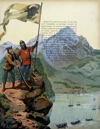 Geschichte Frankreichs im Mittelalter: Die Truppen von Karl dem Kühnen (1433-1477), Herzog von Burgund, betreten das Land Vaud in der Schweiz. Illustration von Jacques Marie Gaston Onfray de Breville, genannt JOB (1858-1931) von pseudonym for Onfray de Breville Jacques Job