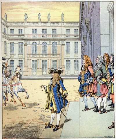 Ich habe fast gewartet! die Worte des Königs von Frankreich Ludwig XIV. genannt Sonnenkönig (1638-1715) vor dem Schloss von Versailles, als seine Kutschen zur genauen Zeit ankamen. Illustration von Job (Jacques Marie Gaston Onfray und Breville) (Jacques-Ma von pseudonym for Onfray de Breville Jacques Job