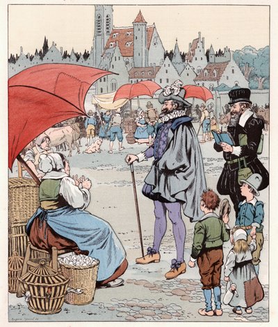 Ich möchte den Preis eines Liards wissen. König von Frankreich HENRI IV (1553-1610) auf einem Marsch. Illustration von Job (Jacques Marie Gaston Onfray und Breville) für das Buch „Les grands mots historiques du pays de France“ 1915. Private Sammlung von pseudonym for Onfray de Breville Jacques Job