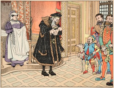 Illustration aus dem Buch „Le bon roy Henri“, illustriert von Jacques Marie Gaston Onfray de Breville dit JOB (1858-1931): Geburt von Henri IV, sein Großvater Henri d