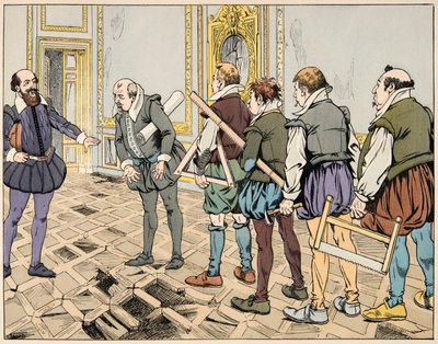 Illustration aus dem Buch „Le bon roy Henri“, illustriert von Jacques Marie Gaston Onfray de Breville dit JOB (1858-1931): Sully (Maximilian de Bethune) zeigt eine strenge Wirtschaft - Private Sammlung von pseudonym for Onfray de Breville Jacques Job