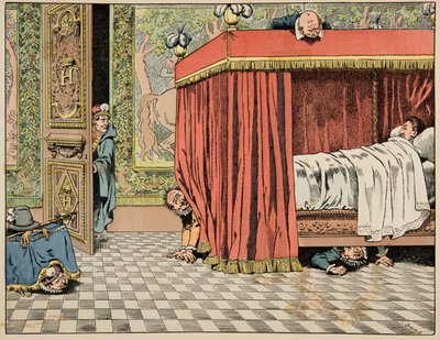 Illustration aus dem Buch „Der gute König Heinrich“, illustriert von Jacques Marie Gaston Onfray de Breville, genannt JOB (1858-1931): Heinrich IV. lebt in Paris unter den Augen von Spionen - Private Sammlung von pseudonym for Onfray de Breville Jacques Job