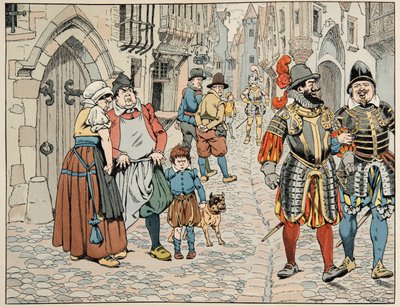 Illustration aus dem Buch „Le bon roy Henri“, illustriert von Jacques Marie Gaston Onfray de Breville dit JOB (1858-1931): Pariser sehen mit einem schlechten Auge die ausländischen Truppen, die ihnen zu Hilfe kommen - Private Sammlung von pseudonym for Onfray de Breville Jacques Job