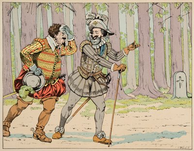 Illustration aus dem Buch „Le bon roy Henri“, illustriert von Jacques Marie Gaston Onfray de Breville dit JOB (1858-1931): Henri IV gewährt Charles de Lorraine (1554-1611) Herzog von Mayenne seine Vergebung, nachdem er ihn zu einer kleinen Übung gezwungen  von pseudonym for Onfray de Breville Jacques Job
