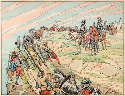 Illustration aus dem Buch „Le bon roy Henri“, illustriert von Jacques Marie Gaston Onfray de Breville dit JOB (1858-1931): Henri IV im Krieg errichtete sein Lager in der Nähe von Dieppe mit seiner Artillerie - Private Sammlung von pseudonym for Onfray de Breville Jacques Job