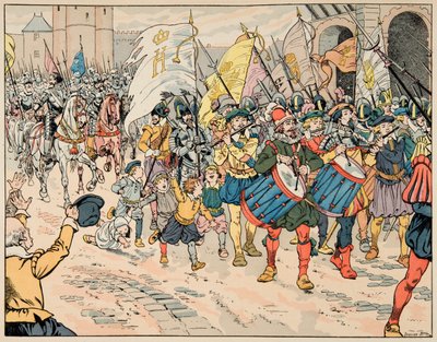 Illustration aus dem Buch „Le bon roy Henri“, illustriert von Jacques Marie Gaston Onfray de Breville dit JOB (1858-1931): Einzug von Henri IV. in Paris am 21. März 1594 - Private Sammlung von pseudonym for Onfray de Breville Jacques Job