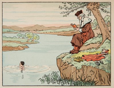 Illustration aus dem Buch „Le bon roy Henri“, illustriert von Jacques Marie Gaston Onfray de Breville dit JOB (1858-1931): Erziehung im 16. Jahrhundert: Schwimmen - Privatsammlung von pseudonym for Onfray de Breville Jacques Job