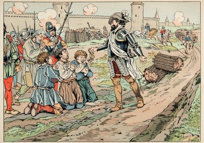 Illustration aus dem Buch „Le bon roy Henri“, illustriert von Job: Heinrich IV. gibt Geld und befreit Bauern, die versucht haben, Lebensmittel nach Paris zu bringen von pseudonym for Onfray de Breville Jacques Job