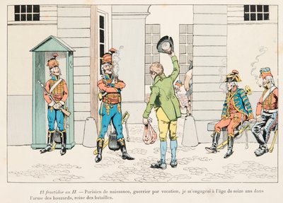 Outfit der französischen Truppen zu allen Zeiten: Junger Mann bei den Husaren während der Französischen Revolution von pseudonym for Onfray de Breville Jacques Job